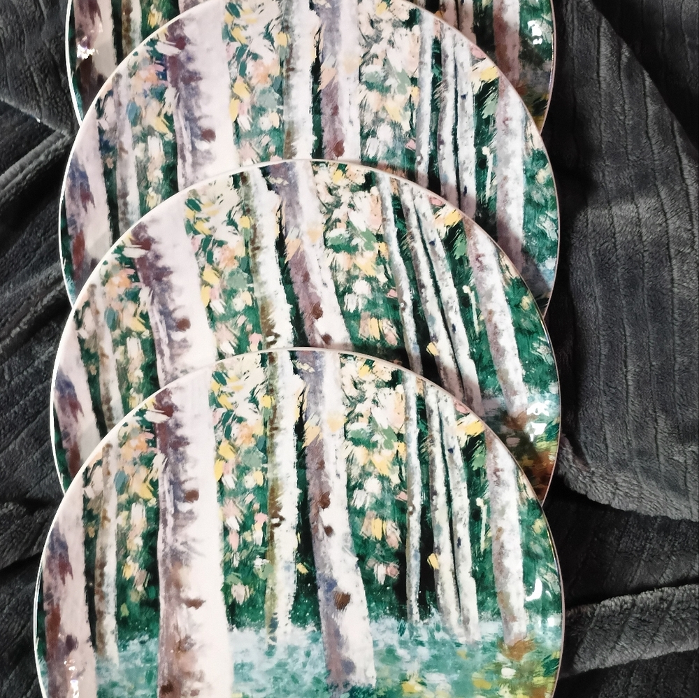Pier 1 Ironstone Birch Tree Forest Appetizer Salad Dessert Plates set of 4